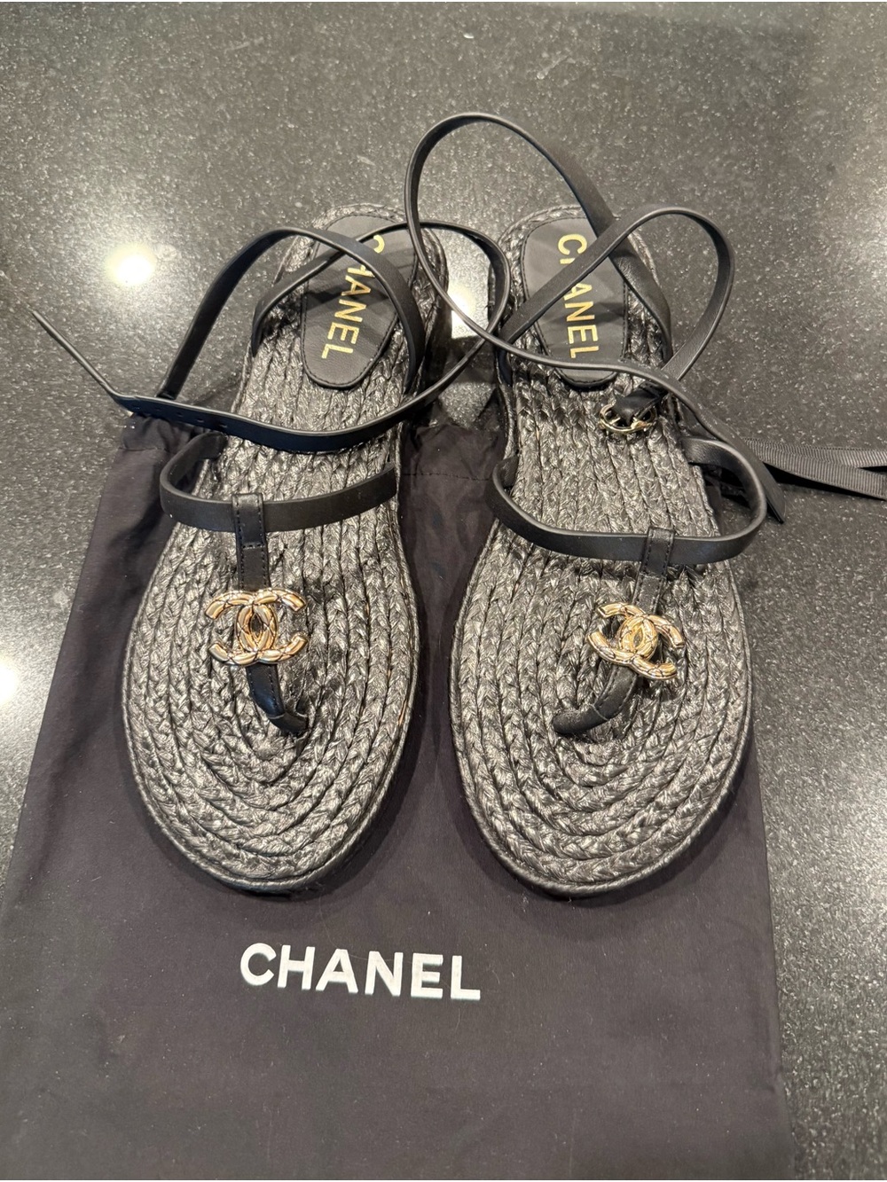 CHANEL Black Braided Espadrille Thong Sandals with Gold CC Emblems - Picture 1 of 2